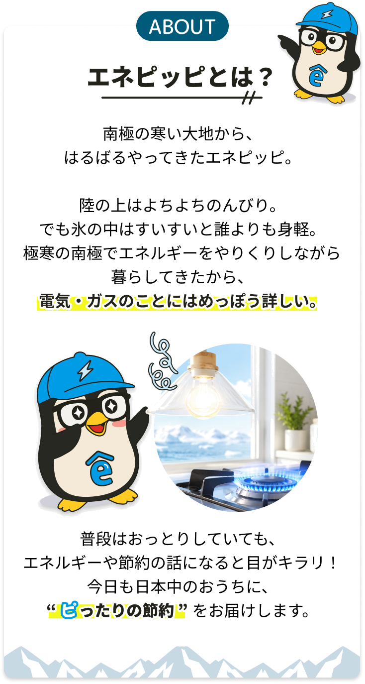 ABOUT エネピッピとは？ 南極の寒い大地から、はるばるやってきたエネピッピ。極寒の南極でエネルギーをやりくりしながら暮らしてきたから、電気・ガスのことにはめっぽう詳しい。今日も日本中のおうちに“ピったりの節約”をお届けします。
